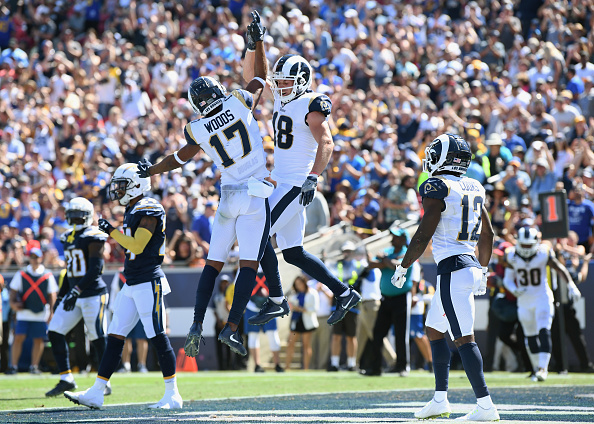 Top NFL Receiving Trios - Robert Woods of the Los Angeles Rams celebrates his touchdown catch with teammate Cooper Kupp.