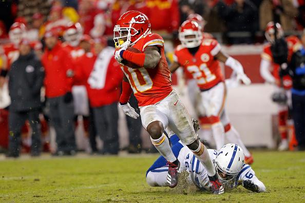 AFC West Fantasy Football Outlook - Kansas City Chiefs wide receiver Tyreek Hill (10) breaks the tackle of Indianapolis Colts long snapper Luke Rhodes.