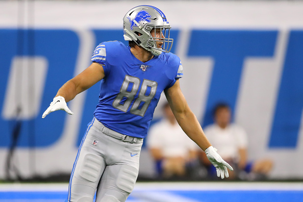 Week four daily fantasy: T.J. Hockenson #88 of the Detroit Lions look to block while playing the New England Patriots during a preseason game at Ford Field on August 08, 2019 in Detroit, Michigan.