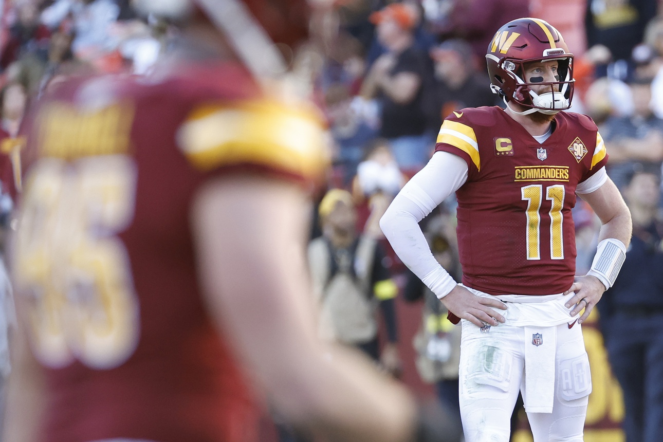 First look: Washington Commanders quarterback Carson Wentz in Commanders  uniform wearing No. 11