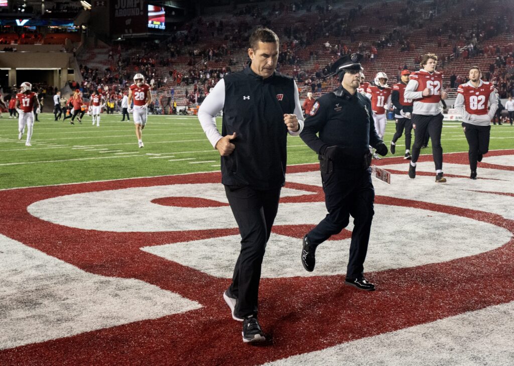 Nov 11, 2023; Madison, Wisconsin, USA; Wisconsin head coach Luke Fickell leaves the field after their game against the Northwestern Wildcats at Camp Randall Stadium. Mandatory Credit: Mark Hoffman-USA TODAY Sports