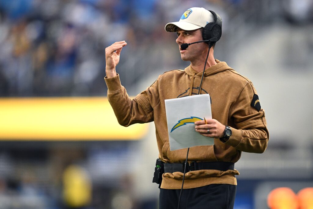 Nov 12, 2023; Inglewood, California, USA; Los Angeles Chargers head coach Brandon Staley gestures during the first half against the Detroit Lions at SoFi Stadium. Mandatory Credit: Orlando Ramirez-USA TODAY Sports