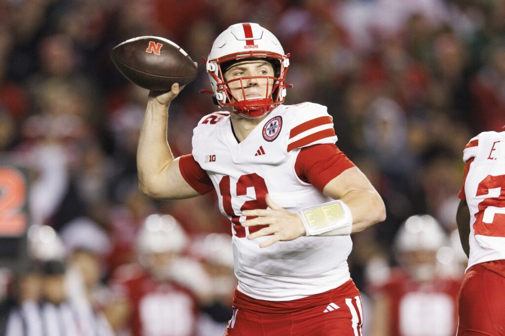 Nov 18, 2023; Madison, Wisconsin, USA; Nebraska Cornhuskers quarterback Chubba Purdy (12) throws a pass during the third quarter against the Wisconsin Badgers at Camp Randall Stadium. Mandatory Credit: Jeff Hanisch-USA TODAY Sports