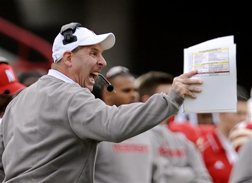 Nebraska head coach Bo Pelini, yells instructions after Nebraska's Dontrayevous Robinson fumbled the ball for a turnover in the second half of an NCAA college football game against Iowa State, in Lincoln, Neb., Saturday, Oct. 24, 2009. Iowa State beat Nebraska 9-7.(AP Photo/Dave Weaver)