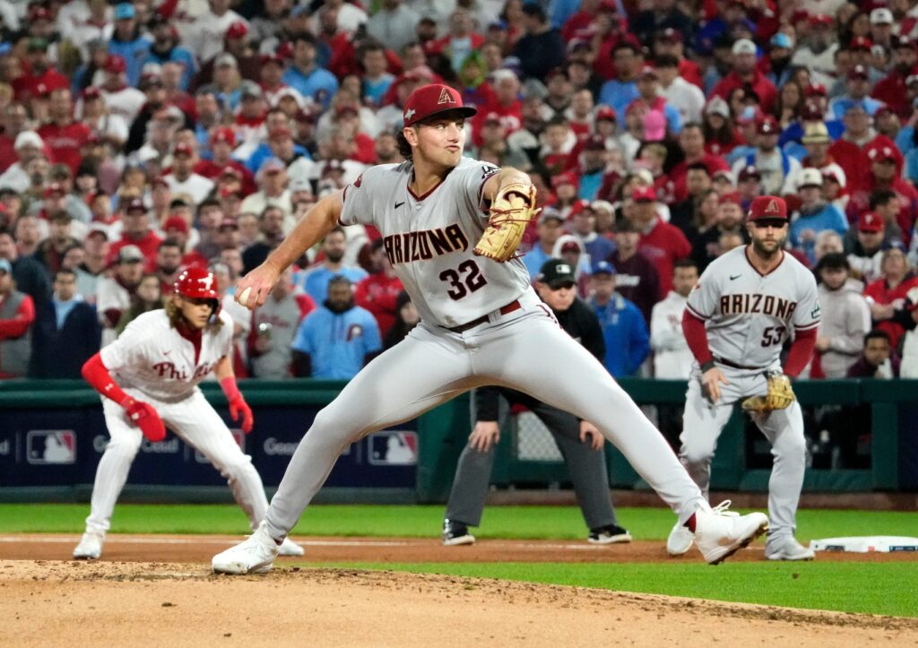 Arizona Diamondbacks starting pitcher Brandon Pfaadt (32) throws to the Philadelphia Phillies in the fourth inning during Game 7 of the NLCS at Citizens Bank Park on Oct 24, 2023.