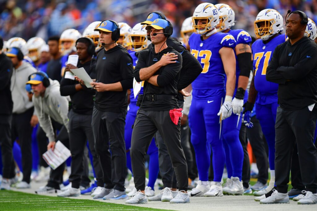 Brandon Staley, Head Coach of the Los Angeles Chargers watches as the Chargers play the Denver Broncos at home at SoFi Stadium in LA.