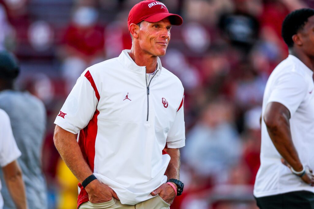 OU head coach Brent Venables walks the field before an NCAA football game between University of Oklahoma (OU) and Iowa State at the Gaylord Family Oklahoma Memorial Stadium in Norman, Okla., on Saturday, Sept. 30, 2023.