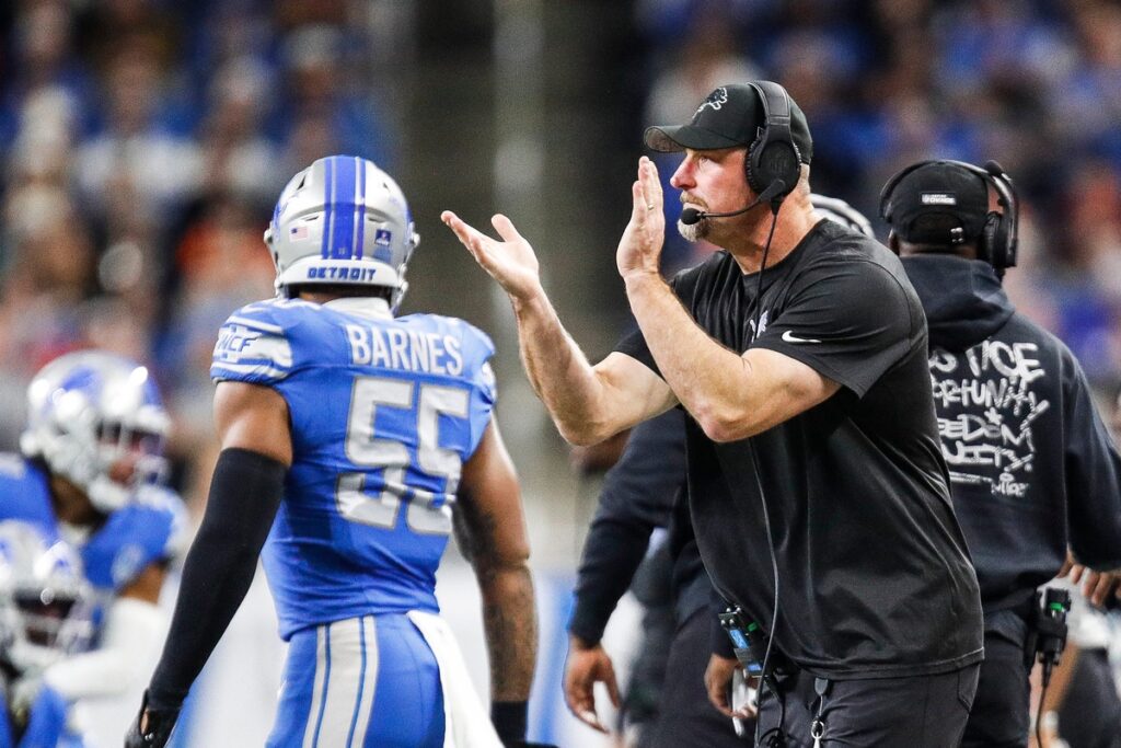 Detroit Lions head coach Dan Campbell reacts to a play against Denver Broncos during the first half at Ford Field in Detroit on Saturday, Dec. 16, 2023.