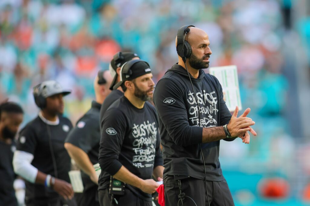 Dec 17, 2023; Miami Gardens, Florida, USA; New York Jets head coach Robert Saleh reacts from the sideline against the Miami Dolphins during the fourth quarter at Hard Rock Stadium. Mandatory Credit: Sam Navarro-USA TODAY Sports