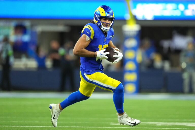 Dec 21, 2023; Inglewood, California, USA; Los Angeles Rams wide receiver Puka Nacua (17) carries the ball against the New Orleans Saints in the second half at SoFi Stadium. Mandatory Credit: Kirby Lee-USA TODAY Sports