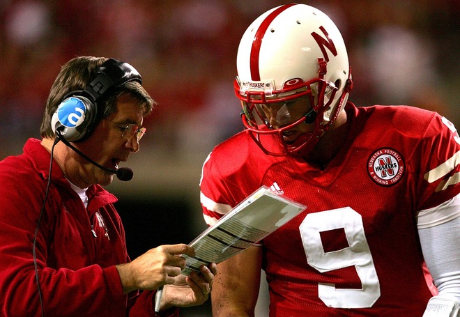 Coach Bill Callahan of the Nebraska Cornhuskers gives a play to quarterback Sam Keller #9 while playing the USC Trojans on September 15, 2007 at Memorial Stadium in Lincoln, Nebraska.
