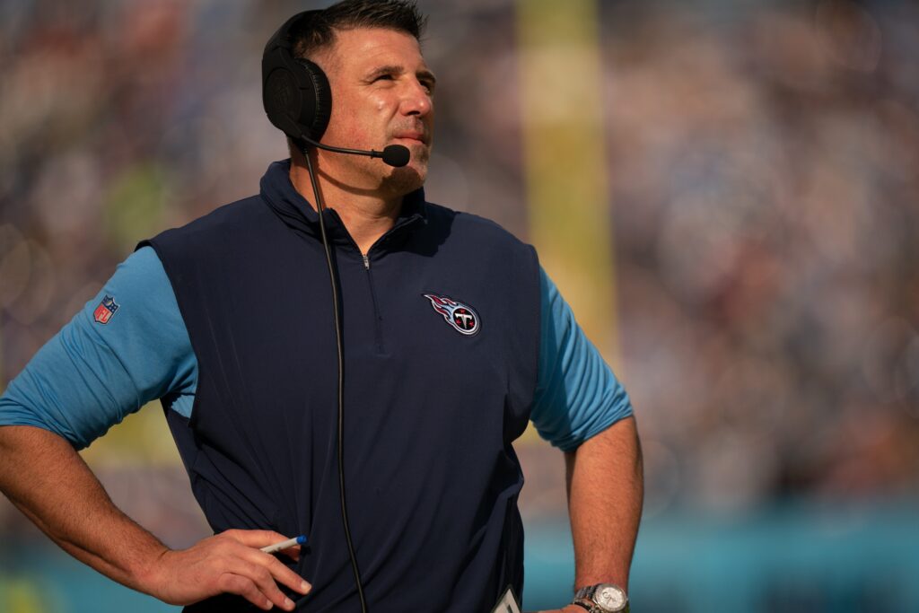 Tennessee Titans Head Coach Mike Vrabel reacts to a Titans penalty against the Seattle Seahawks during their game at Nissan Stadium in Nashville, Tenn., Sunday, Dec. 24, 2023.