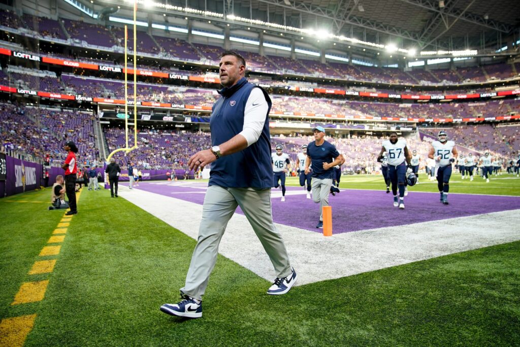 Tennessee Titans Head Coach Mike Vrabel heads off the field during warmups at U.S. Bank Stadium in Minneapolis, Minn., Saturday, Aug. 19, 2023. Vrabel was fired by owner Amy Adams Strunk Monday after having two consecutive losing seasons.