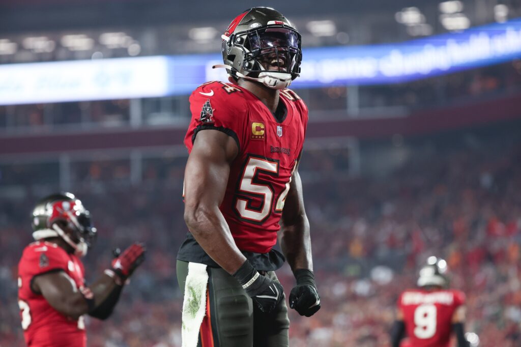 Tampa, Florida, USA; Tampa Bay Buccaneers linebacker Lavonte David (54) reacts after a safety against the Philadelphia Eagles during the second half of a 2024 NFC wild card game at Raymond James Stadium.