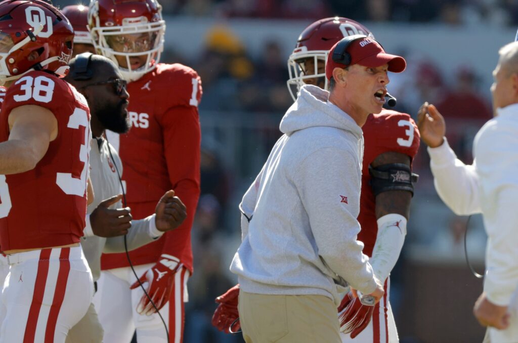 Oklahoma coach Brent Venables shouts during a college football game between the University of Oklahoma Sooners (OU) and the TCU Horned Frogs at Gaylord Family-Oklahoma Memorial Stadium in Norman, Okla., Friday, Nov. 24, 2023. Oklahoma won 69-45.