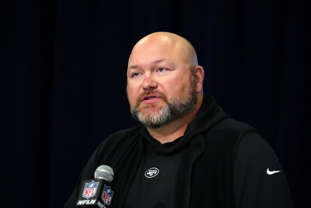 New York Jets general manager Joe Douglas speaks at a press conference at the NFL Scouting Combine at Indiana Convention Center.