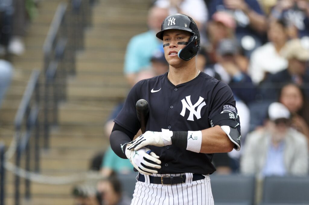 New York Yankees left fielder Aaron Judge (99) steps up to bat against the New York Mets in the third inning at George M. Steinbrenner Field.
