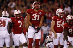 Oct 7, 2017; Lincoln, NE, USA; Nebraska Cornhuskers linebacker Collin Miller (31) celebrates during the game against the Wisconsin Badgers in the second half at Memorial Stadium. Wisconsin won 38-17. 