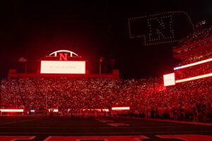 A light show before the fourth quarter between the Nebraska Cornhuskers and the Northern Illinois Huskies at Memorial Stadium.