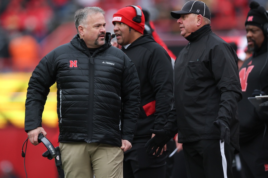 Nebraska Cornhuskers head coach Matt Rhule talks to the official during their game with the Iowa Hawkeyes at Memorial Stadium.