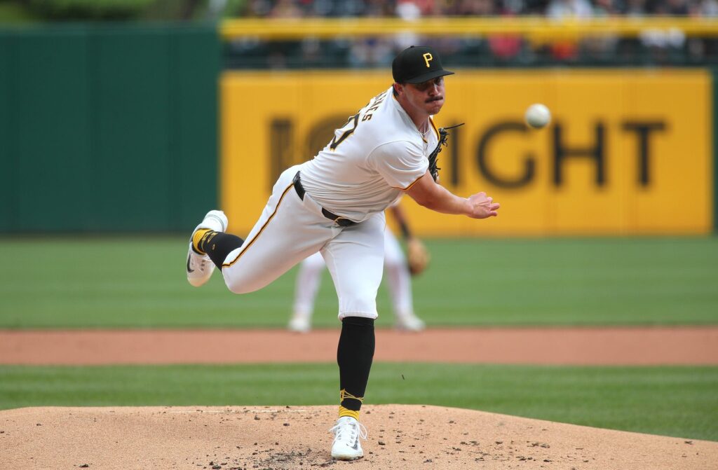 Pittsburgh Pirates starting pitcher Paul Skenes (30) delivers a pitch during the first inning of his MLB Debut against the Chicago Cubs Saturday evening at PNC Park in Pittsburgh, PA.