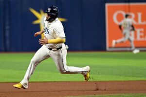 Tampa Bay Rays third baseman Isaac Paredes (17) heads for third base in the fourth inning against the Oakland Athletics at Tropicana Field.