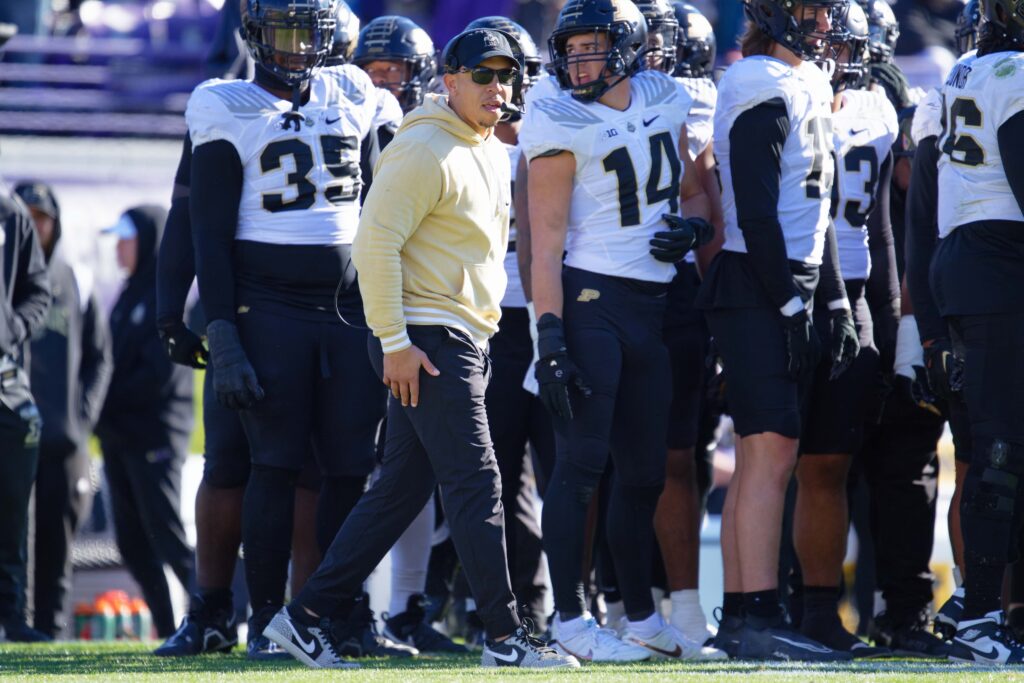 Purdue Boilermakers head coach Ryan Walters watches his team play against the Northwestern Wildcats at Ryan Field.