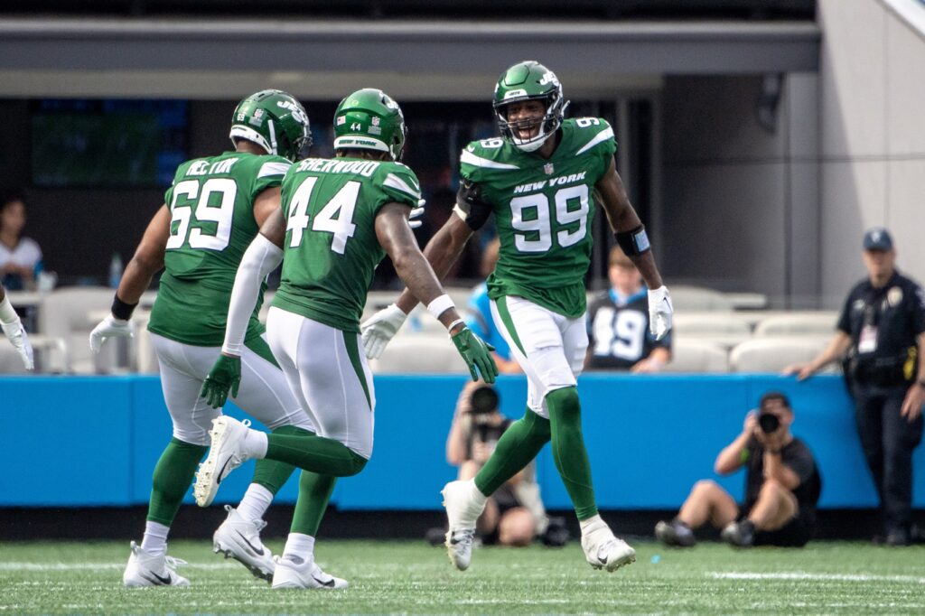 New York Jets defensive end Will McDonald IV (99) reacts with defensive tackle Bruce Hector (69) and linebacker Jamien Sherwood (44) after making a sack in the second quarter at Bank of America Stadium.