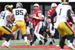 Nov 24, 2023; Lincoln, Nebraska, USA; Nebraska Cornhuskers quarterback Chubba Purdy (12) throws the football against the Iowa Hawkeyes at Memorial Stadium. Photo by Reese Strickland-USA TODAY Sports