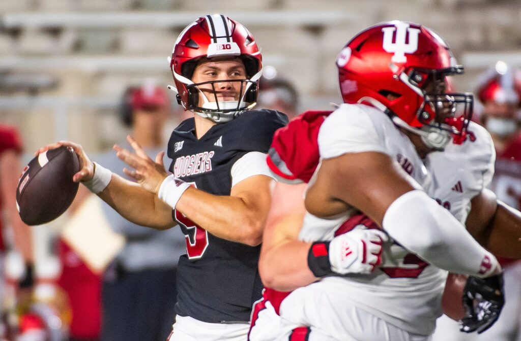 Indiana's Kurtis Rourke (9) prepares to pass during the Indiana football spring game at Memorial Stadium on Thursday, April 18, 2024.