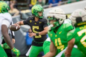 Oregon quarterback Dante Moore during the Oregon Ducks’ Spring Game Saturday, April 27. 2024 at Autzen Stadium in Eugene, Ore. Photo by Ben Lonergan/The Register-Guard / USA TODAY NETWORK