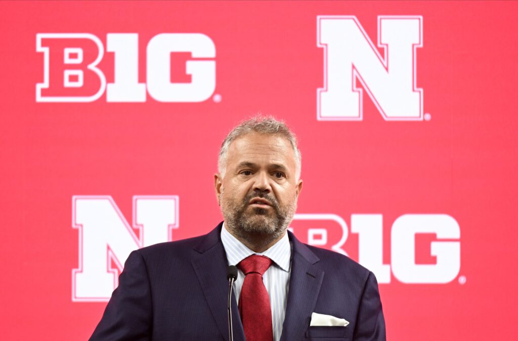 Nebraska Cornhuskers head coach Matt Rhule speaks to the media during the Big 10 football media day at Lucas Oil Stadium.