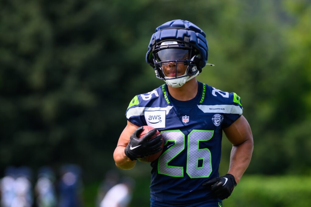 Seattle Seahawks running back Zach Charbonnet (26) during training camp at Virginia Mason Athletic Center.