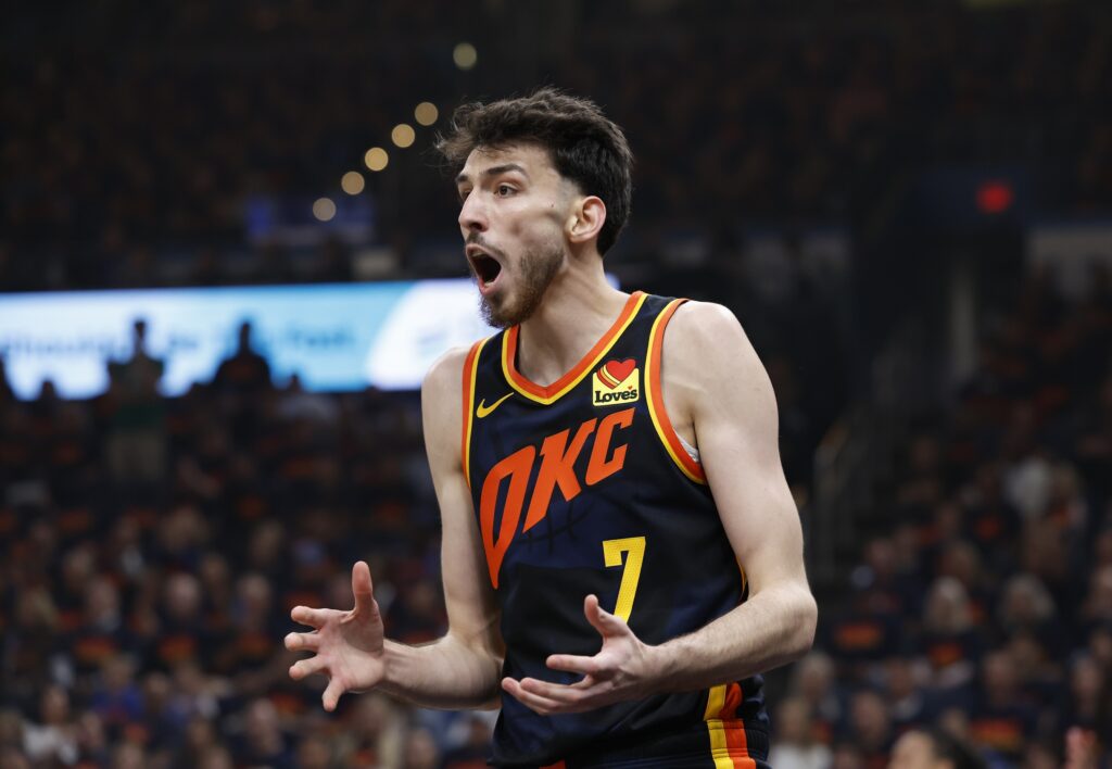 Oklahoma City Thunder forward Chet Holmgren (7) reacts to an official’s call after a play against the Dallas Mavericks during the first quarter of game five of the second round for the 2024 NBA playoffs at Paycom Center.