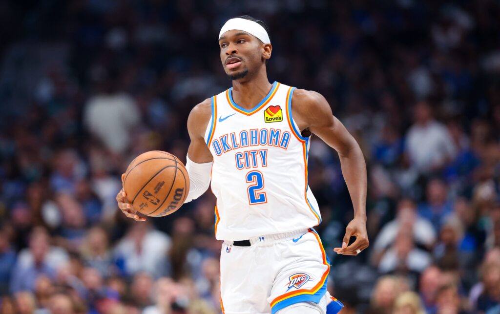 Oklahoma City Thunder guard Shai Gilgeous-Alexander (2) dribbles against the Dallas Mavericks during the second quarter in game six of the second round of the 2024 NBA playoffs at American Airlines Center.