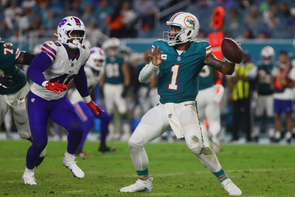 Miami Dolphins quarterback Tua Tagovailoa (1) throws the football against the Buffalo Bills during the third quarter at Hard Rock Stadium.