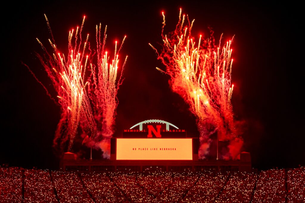 Fireworks before the fourth quarter between the Nebraska Cornhuskers and the Northern Iowa Panthers at Memorial Stadium.