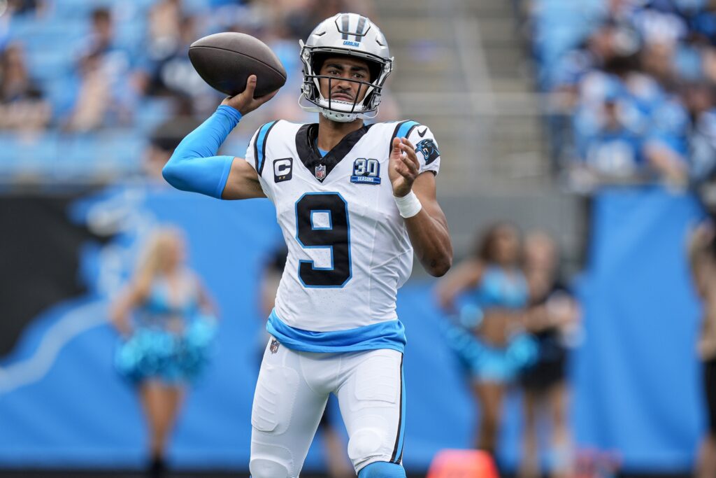 Carolina Panthers quarterback Bryce Young (9) throws against the Los Angeles Chargers during the second half at Bank of America Stadium.