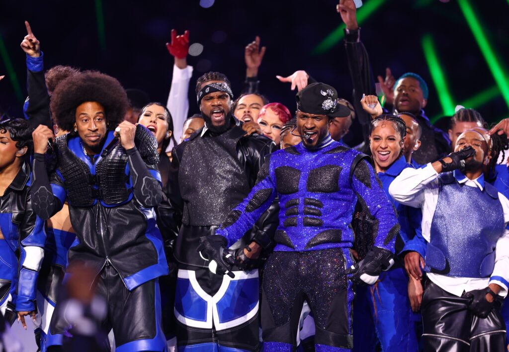 Recording artists Usher and Lil Jon and Ludacris perform at halftime of Super Bowl LVIII between the Kansas City Chiefs and the San Francisco 49ers at Allegiant Stadium.