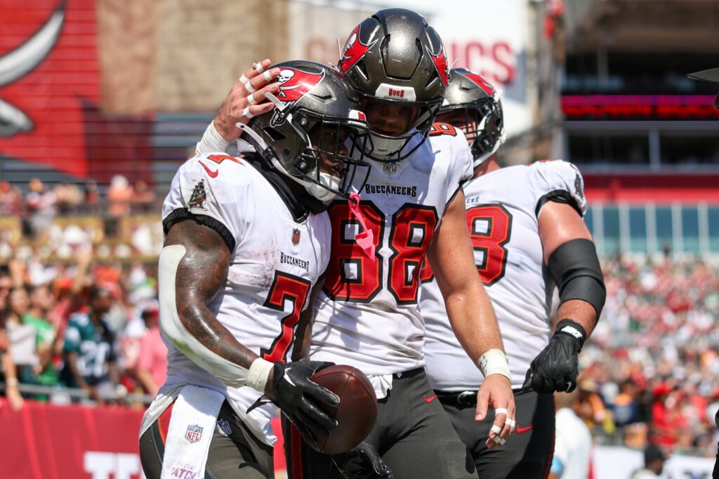 Tampa Bay Buccaneers running back Bucky Irving (7) celebrates after scoring a touchdown against the Philadelphia Eagles in the third quarter at Raymond James Stadium.