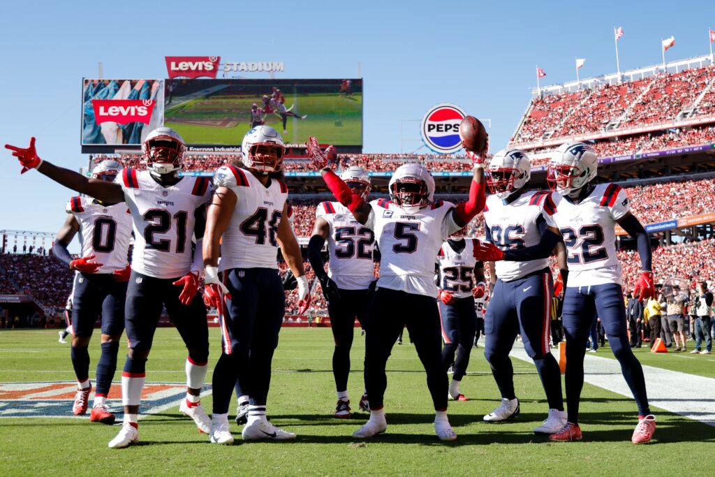 New England Patriots safety Jabrill Peppers (5) celebrates with teammates after intercepting a pass during the fourth quarter against the San Francisco 49ers at Levi's Stadium.